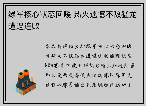 绿军核心状态回暖 热火遗憾不敌猛龙遭遇连败