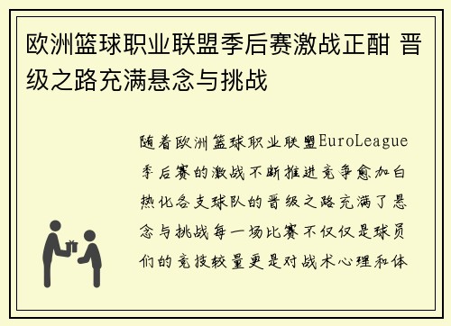欧洲篮球职业联盟季后赛激战正酣 晋级之路充满悬念与挑战