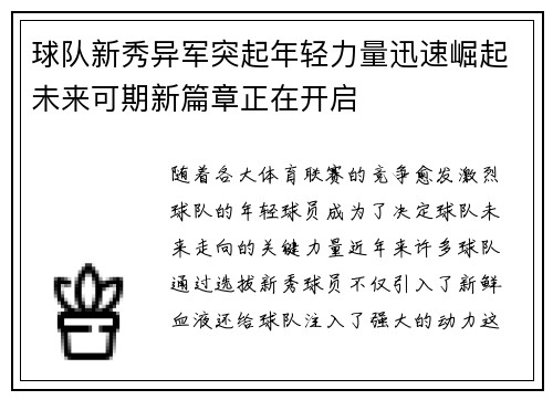 球队新秀异军突起年轻力量迅速崛起未来可期新篇章正在开启