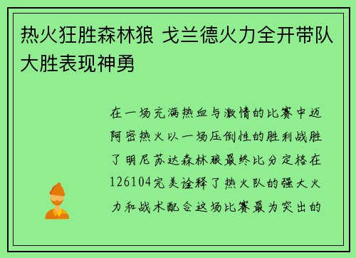 热火狂胜森林狼 戈兰德火力全开带队大胜表现神勇
