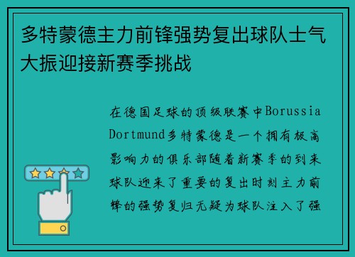 多特蒙德主力前锋强势复出球队士气大振迎接新赛季挑战