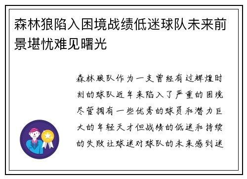 森林狼陷入困境战绩低迷球队未来前景堪忧难见曙光