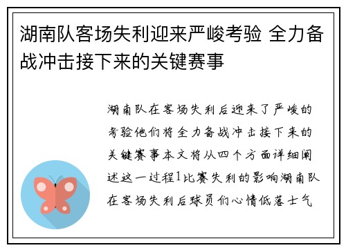 湖南队客场失利迎来严峻考验 全力备战冲击接下来的关键赛事