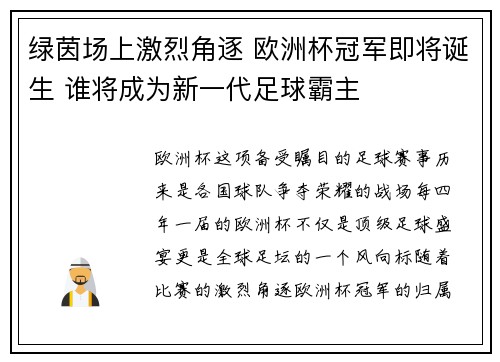 绿茵场上激烈角逐 欧洲杯冠军即将诞生 谁将成为新一代足球霸主