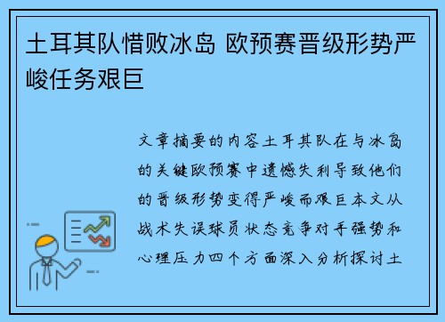 土耳其队惜败冰岛 欧预赛晋级形势严峻任务艰巨